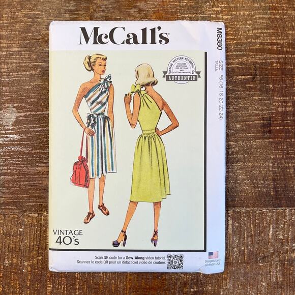McCalls Sewing Pattern M8380 Retro 1940s One Shoulder Dress 16-24 Plus UNCUT - Picture 1 of 2